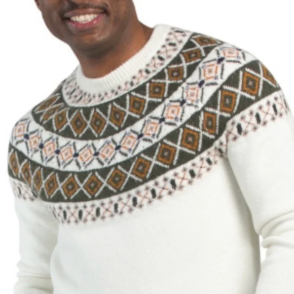 GROVE & HOLLOW Fair Isle Ivory Green Tan Navy Orange Crew Wool Blend Sweater